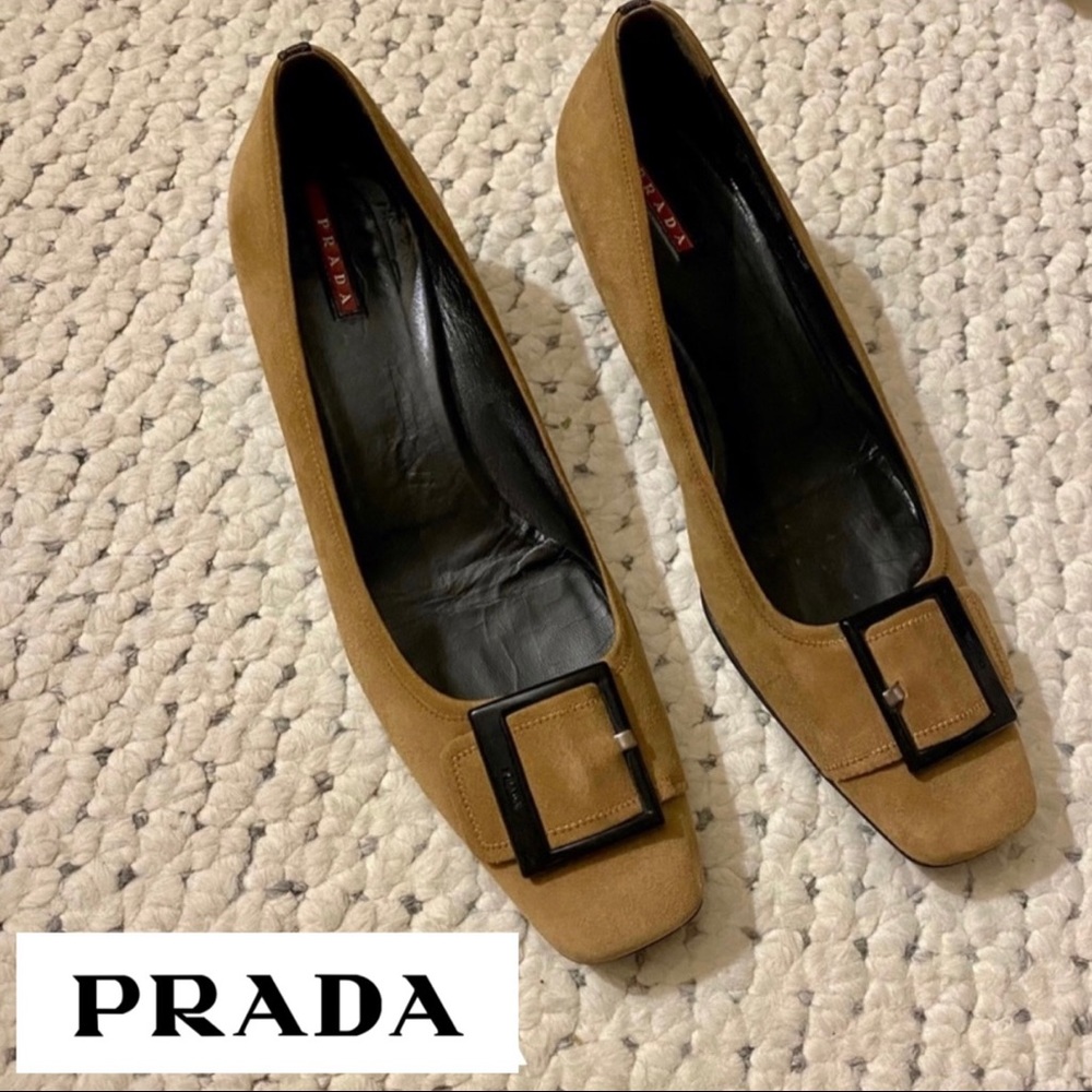 PRADA Kitten Heels Iconic Mod Buckle Square Toe 41 11 Classic & Rich Luxury! tan